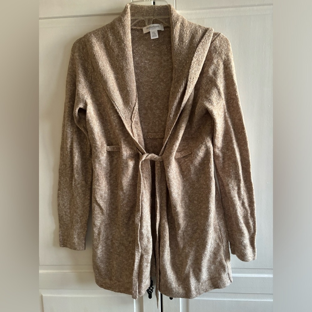 Motherhood cozy tan cardigan with adorable tie-front S